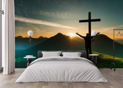 The Person Praying and Worshipping God among the Wooden Cross on The Desert. Wall mural