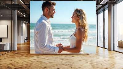 This young couple shares a loving glance on a beautiful beach. Wall mural