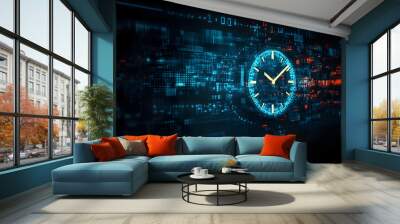 Timeline concept: Clock on digital background Wall mural