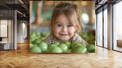 Toddler with brown hair and a pleasant smile surrounded by green balls in a play area Wall mural