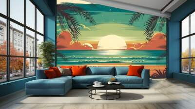 Tropical Sunset Beach Palm Trees Summer Vacation Illustration Wall mural