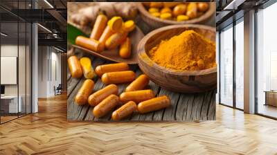 Turmeric powder in wooden bowls and turmeric capsules on wooden background Wall mural