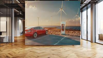 Using of charge station, solar panel and windmill background. Sustainability assessment, renewable energy concept. Electric vehicle using sustainable source, wind generator. Saving, climate change. Wall mural