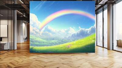 vibrant, colorful scene with a large rainbow stretching across the sky over a green, peaceful landscape. 3D cartoon style Wall mural