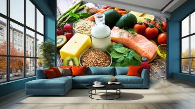 Selection of healthy food on rustic wooden background Wall mural