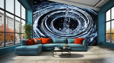 Water swirls down a shiny metal drain, creating a whirlpool effect as it disappears into the dark abyss, with a few stray droplets lingering behind. Wall mural