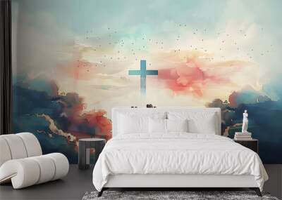 Watercolor illustration of hands with a cross in the sky and clouds Wall mural