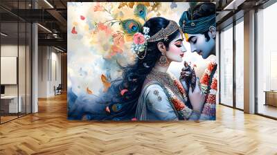 Watercolor painting of Radha Krishna love peacock feathers flowers romantic art traditional n culture hindu religious god goddess love story divine couple Wall mural