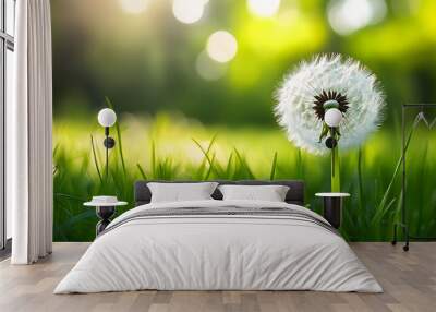 white dandelion in a green grass on a forest meadow macro image abstract nature background Wall mural