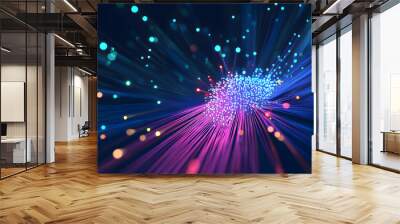 Wireless data transmission, high speed internet. Information flow in abstract cyberspace. Neural network 3D illustration. Big data and cybersecurity. Data stream. Global database and AI Wall mural