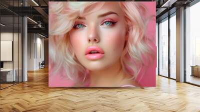 Woman with glamourous makeup with pink lipstick and blond hair in front of pink background. Wall mural