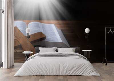 wooden cross with Holy Bible Wall mural