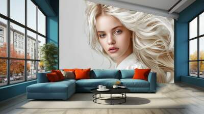 young beautiful model with white hair on a white background. Wall mural