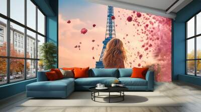 Young blonde-haired woman in a pink dress with a pink umbrella admiring the tower in Paris located in the background. Pink woman in Paris. Wall mural