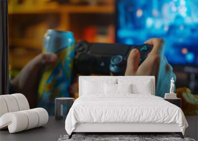 Young man with energy drink and chips playing video game at wooden desk indoors, closeup Wall mural