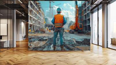 A construction worker in a safety vest and helmet stands at a building site in an urban area, amidst cranes and equipment, embodying progress, development, and hard work Wall mural