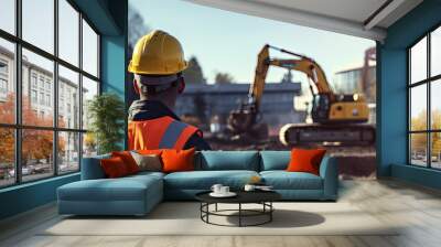 Civil engineer in a reflective jacket with a safety helmet looks into the distance at a construction site with excavator in background Wall mural