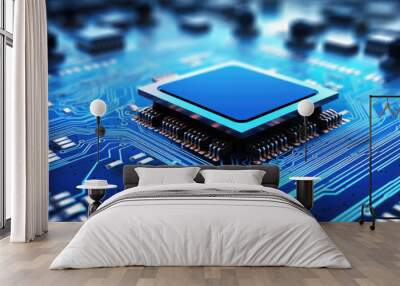 Digital Microprocessor. Computer Controller Circuit Board closeup Main Central Processing Unit Electronic Chips with Data Signal Lane Wall mural