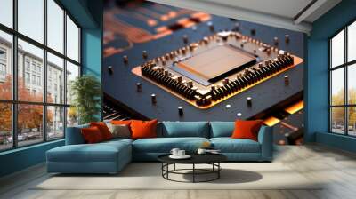 Digital Microprocessor. Computer Controller Circuit Board closeup Main Central Processing Unit Electronic Chips with Data Signal Lane Wall mural