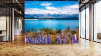 A speed boat on Lake Pukaki, a beautiful blue glacial alpine lake in Mackenzie Basin in New Zealand's South Island.  Lupine flowers are blooming on the shore of the lake in December. Wall mural