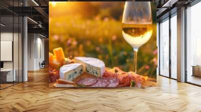 Table with fine wine served outside with cheese ham and grapes. Picnic in the countryside with sunny backlight Wall mural