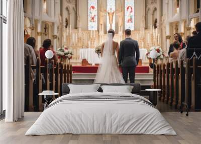 Wedding ceremony in luxury church. Bride and groom have a wedding day. Wall mural