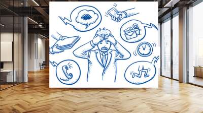 business man holding his head in pain, surrounded by work icons, concept for stress, burnout, too mu Wall mural