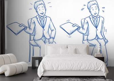 Business man sitting on chair with e.g. application document in his hand in two emotions, confident and nervous, hand drawn doodle vector illustration Wall mural