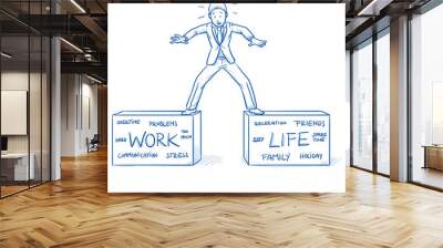 Business man standing on two boxes, striking a balance between work and life. Hand drawn line art cartoon vector illustration. Wall mural