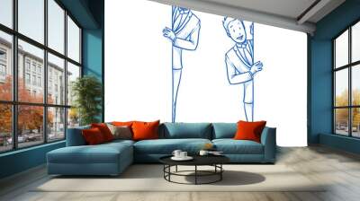 happy and interested young man in business suit peering behind a wall in two emotions. hand drawn li Wall mural