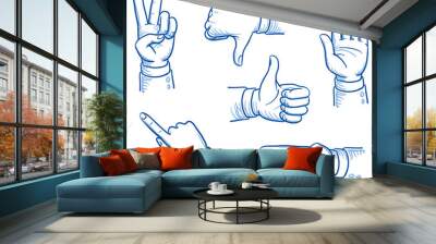 Set of business man hands showing different signs, success, pointing, like, dislike, stop. Hand drawn vector cartoon Illustration Wall mural