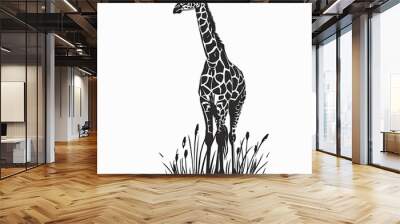 A black and white drawing of a giraffe standing in tall grass Wall mural