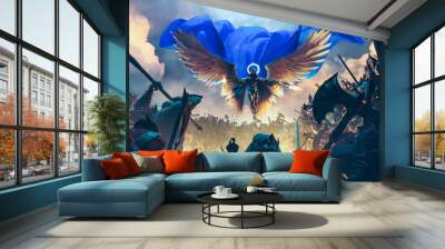 Angelic demon flying and fighting over a horde of orcs with a blue cape and spread wings in an epic pose in the dust and mist, noise and chromatic aberration to add realism, 3D rendering concept art Wall mural