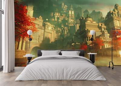 Priest on a boat sail to the ancient city of religions in beautiful sunlight with red trees and leaves, foreground out of focus - concept art - 3D rendering Wall mural