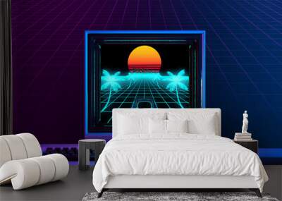 Retro game on a 1980's computer in neon blue and violet light - retrowave concept - 3D rendering Wall mural