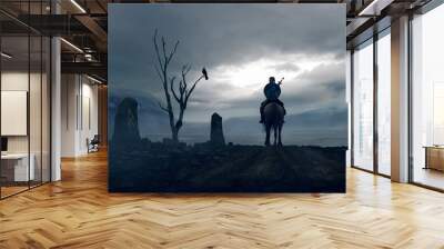 Viking knight following the Odin path signed by stones runes and a dead tree with a crow  - concept art - 3D rendering Wall mural