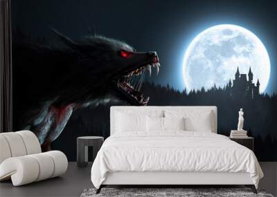 Werewolf growl in the moonlight over a full moon in the forest with a gothic house - concept art - 3D rendering Wall mural