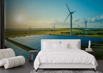 A serene landscape showcasing solar panels and wind turbines, symbolizing sustainable energy solutions and environmental conservation. Ideal for promoting renewable energy initiatives. Wall mural