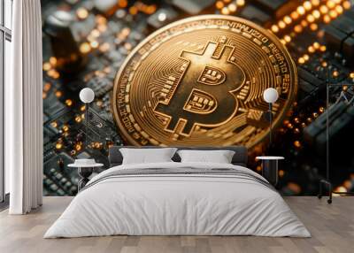 Bitcoin cryptocurrency coin rests on a computer motherboard, symbolizing the future of finance Wall mural