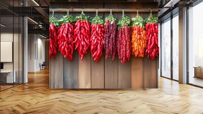 Chili peppers drying in bunches on a wooden wall Wall mural