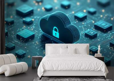 Glowing cloud with a padlock hovering over a circuit board is suggesting cloud computing security Wall mural