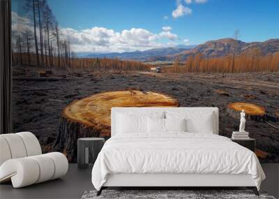 Logging truck driving away on a dirt road, leaving a desolate landscape of tree stumps and burnt foliage Wall mural