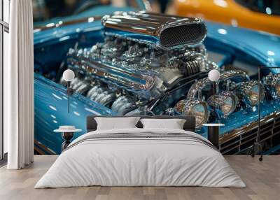 Powerful customized chrome engine shining under the hood of a blue classic car Wall mural