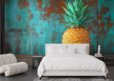 Ripe pineapple with its vibrant green crown sits on a rustic wooden table, set against a colorful, textured background Wall mural