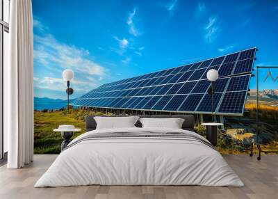 Solar panel array harvesting renewable energy from the sun on a sunny day Wall mural