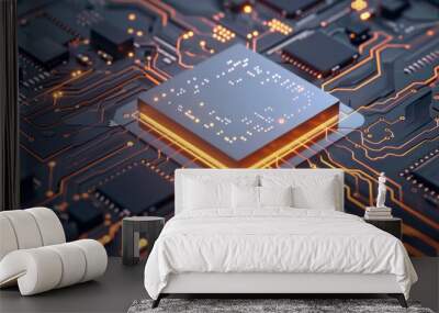 This image depicts an advanced self-healing computer chip illuminated on a detailed circuit board, symbolizing the future of integrated technology and electronic engineering. Wall mural