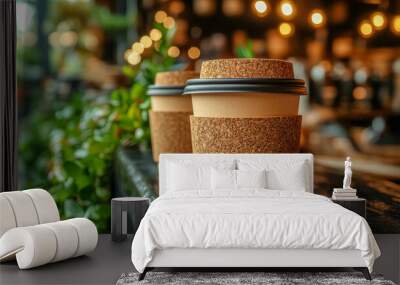 Two paper coffee cups with cork lids stand on a bar in a cafe, waiting to be collected Wall mural