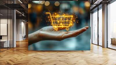 Woman holds a radiant shopping cart icon, representing the concept of online shopping and e-commerce Wall mural