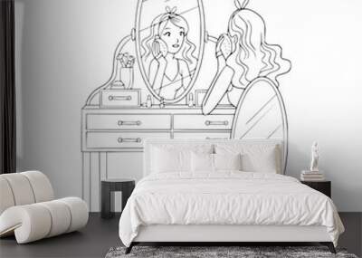 Coloring book page for adult. Girl make daily routine near dressing table, clean skin and do make-up. Vector outline illustration in doodle style. Wall mural