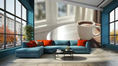 A hot chocolate on a white mug on a wooden round table in front of a bright window Wall mural